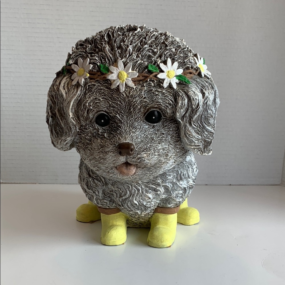 Roman Dog Figurine Daisy Flower Crown Yellow Rain Boots Garden Tabletop Decor